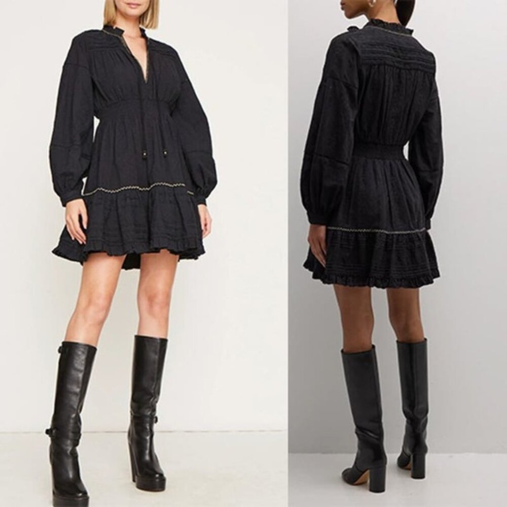 NWT Figue Rayne Long Sleeve Ruffle Black Embroidered Cotton Dress Size: Medium